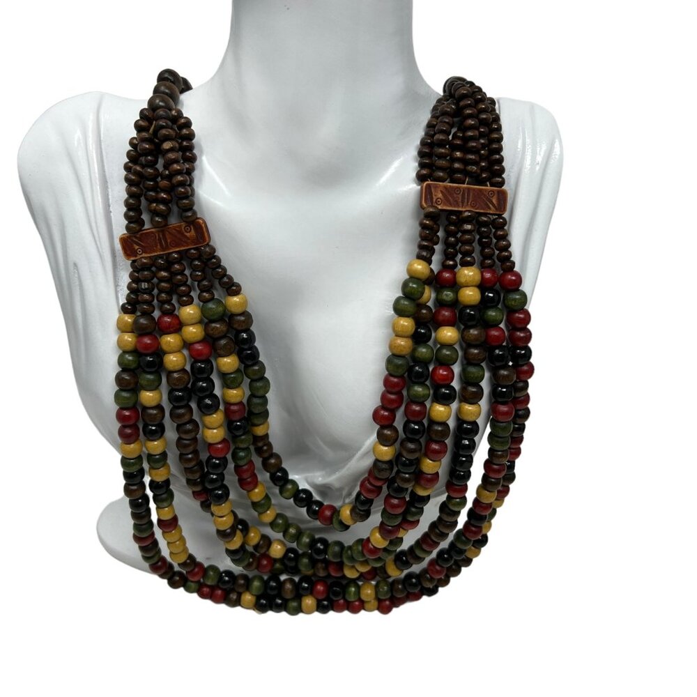 Vintage Beaded Necklace Brown Green Tan Black Beads Boho Tribal Statement‎